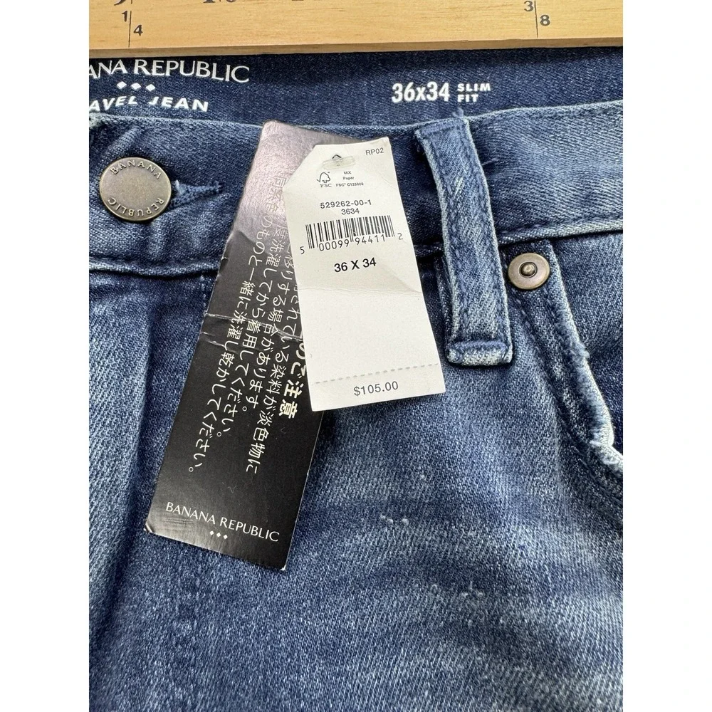 Banana Republic Travel Jeans Men 36x34 Blue Slim Whisker Denim Straight NWT $105
